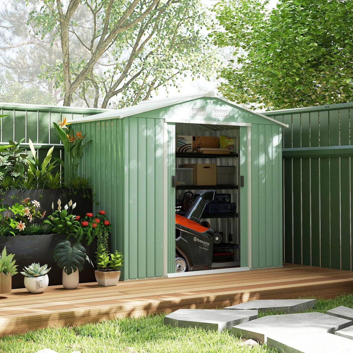 Abri de jardin avec fondations, abri à outils, maison de jardin, acier, vert