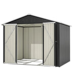 Abri de jardin métallique 240 x 192,3 x 191 cm avec larges portes coulissantes, 4 ouvertures de ventilation, verrouillable, toit et fond inclinés.
