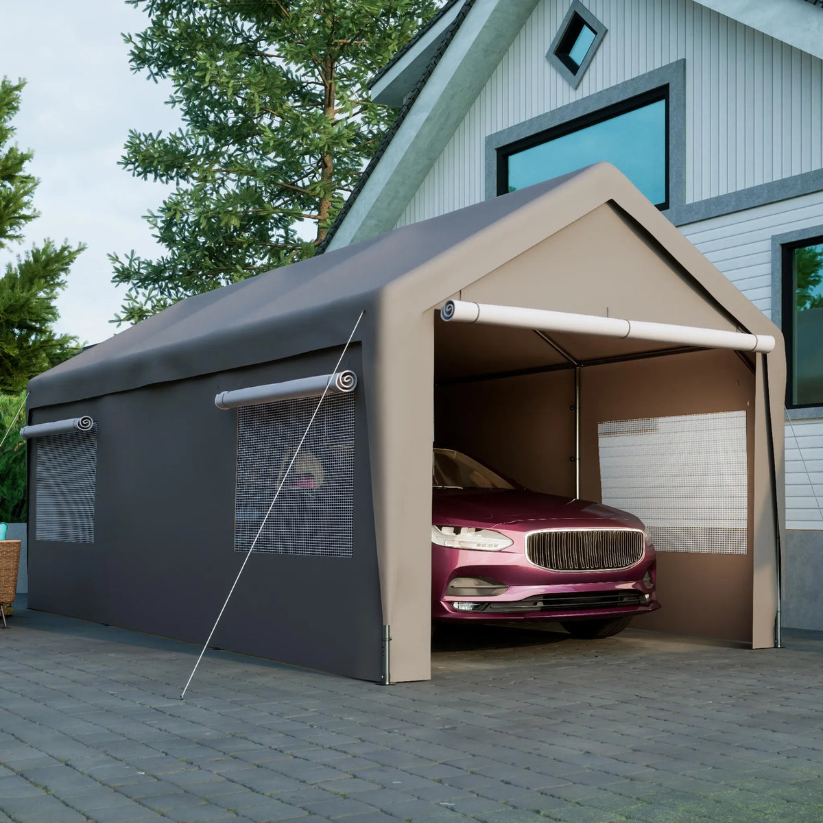 Abri de garage 3 x 6 m (592 x 310 x 276 cm), résistant à l'hiver, avec fenêtres enroulables, parois latérales et toit amovibles, gris