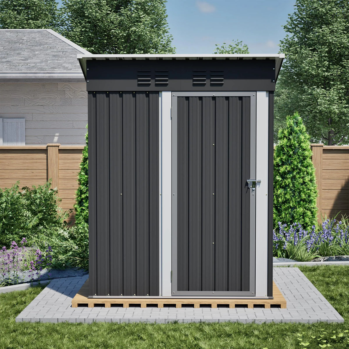 Abri de jardin 152,2 x 83,6 x 182 cm, 1,27 m², en acier thermolaqué, porte métallique verrouillable, sans fenêtres, toit plat, noir