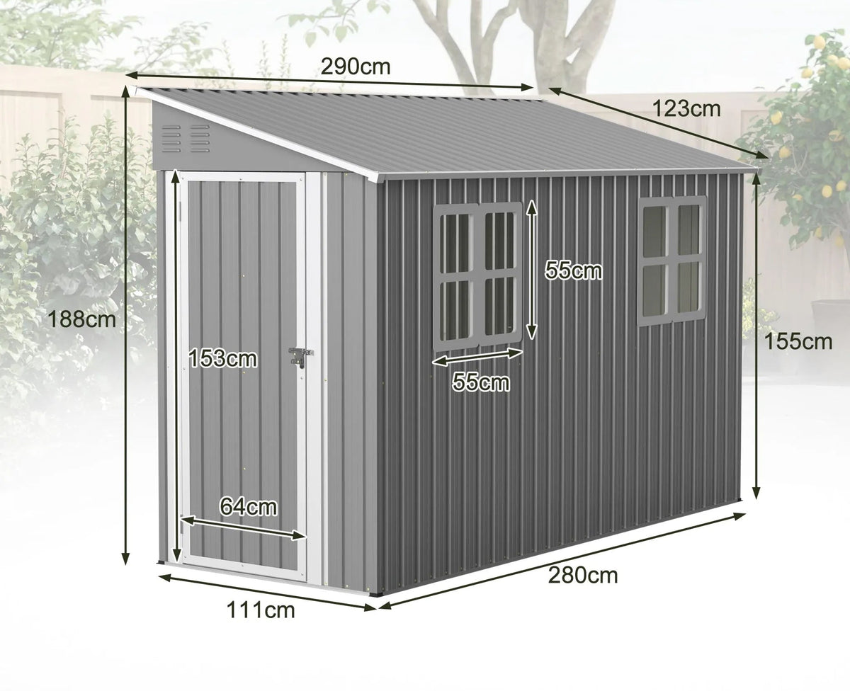 Abri de jardin métallique 291 × 110,8 × 188,6 cm, modèle adossé réversible (montage gauche/droite), porte verrouillable, 2 fenêtres, kit toit et plancher, acier galvanisé