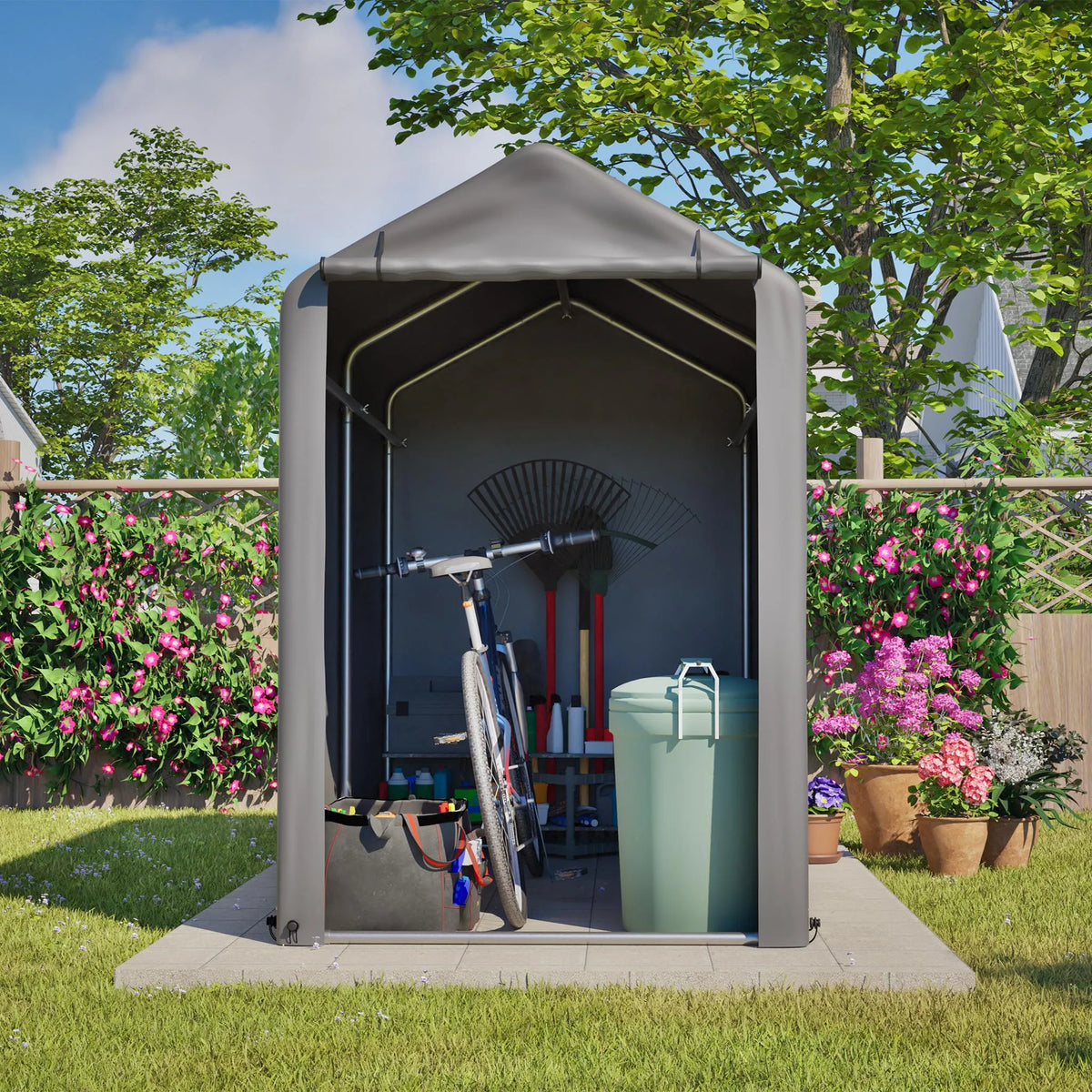 Abri à vélos 187 x 100 x 160 cm, bâche PE imperméable 170 g/m², structure en acier galvanisé, porte zippée, cadre de fondation, gris foncé