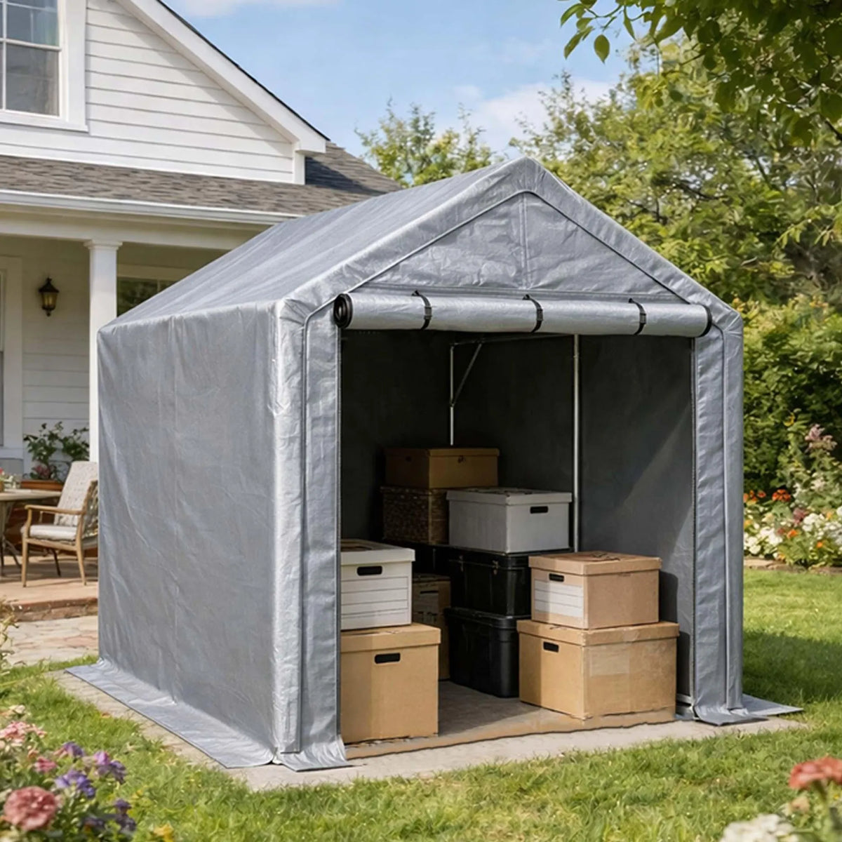 Abri de garage 296 x 190 x 200 cm, structure en acier galvanisé, bâche PE 170 g/m², porte enroulable avec fermeture éclair, imperméable et résistante aux UV, gris foncé