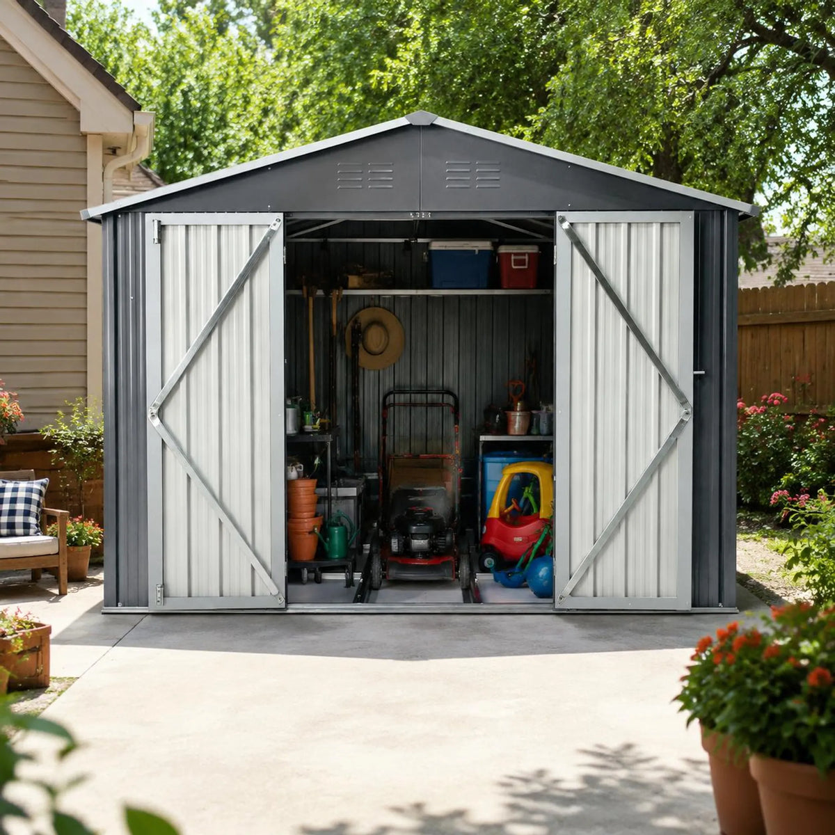 Abri de jardin 3 x 2,4 m (10 x 8 pi) en acier galvanisé, 7,46 m² (10 x 8 pi), toit à deux pans, double porte, fentes d'aération, châssis, gris