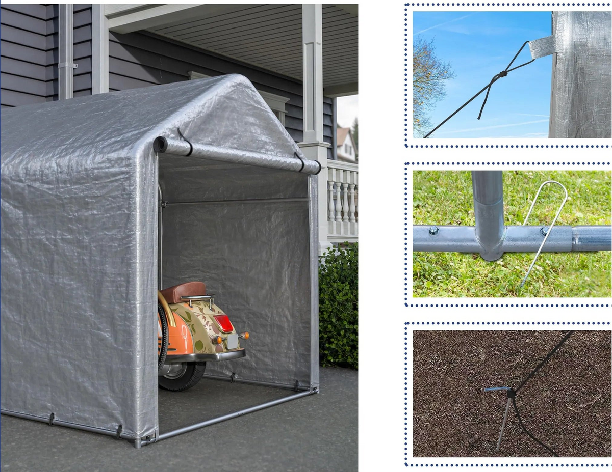 Abri à vélos 160 x 220 x 165 cm, bâche PE imperméable, structure en acier thermolaqué, porte sectionnelle, 8 supports, gris