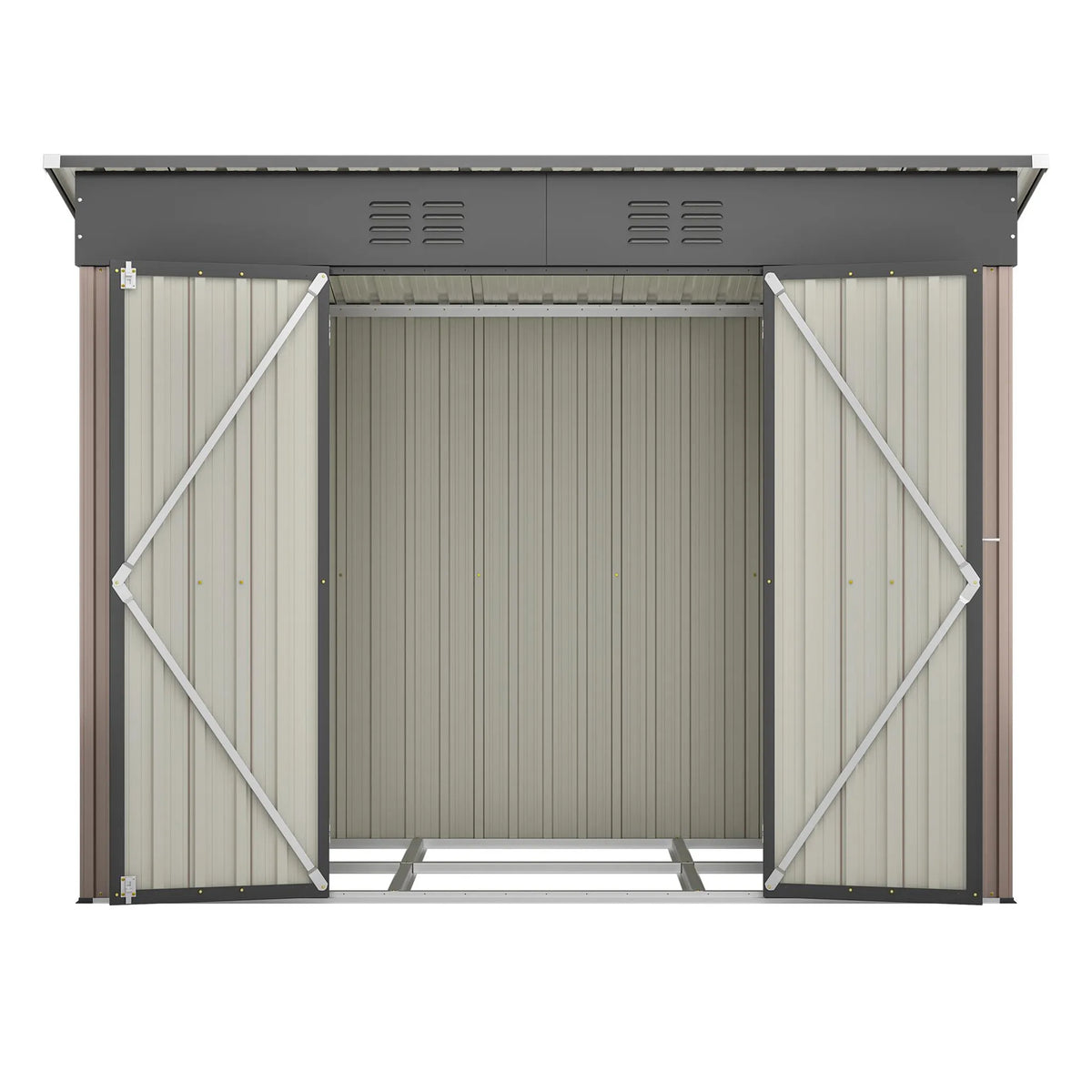 Abri de jardin 242 x 126 x 182 cm en tôle d'acier galvanisée, avec toit en pente, ouvertures de ventilation, portes verrouillables et ossature de fondation, marron
