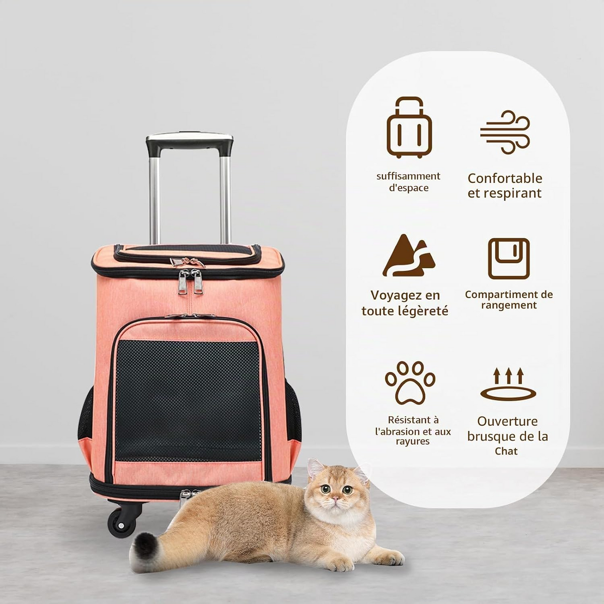 Sac à dos à roulettes pour chiens et chats jusqu'à 10 kg orange