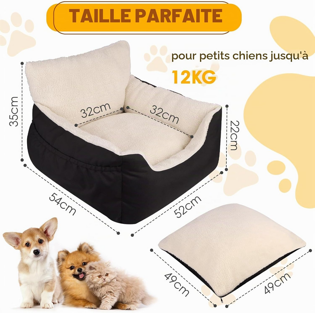Siège auto confortable pour petits chiens et chats coussin réversible noir