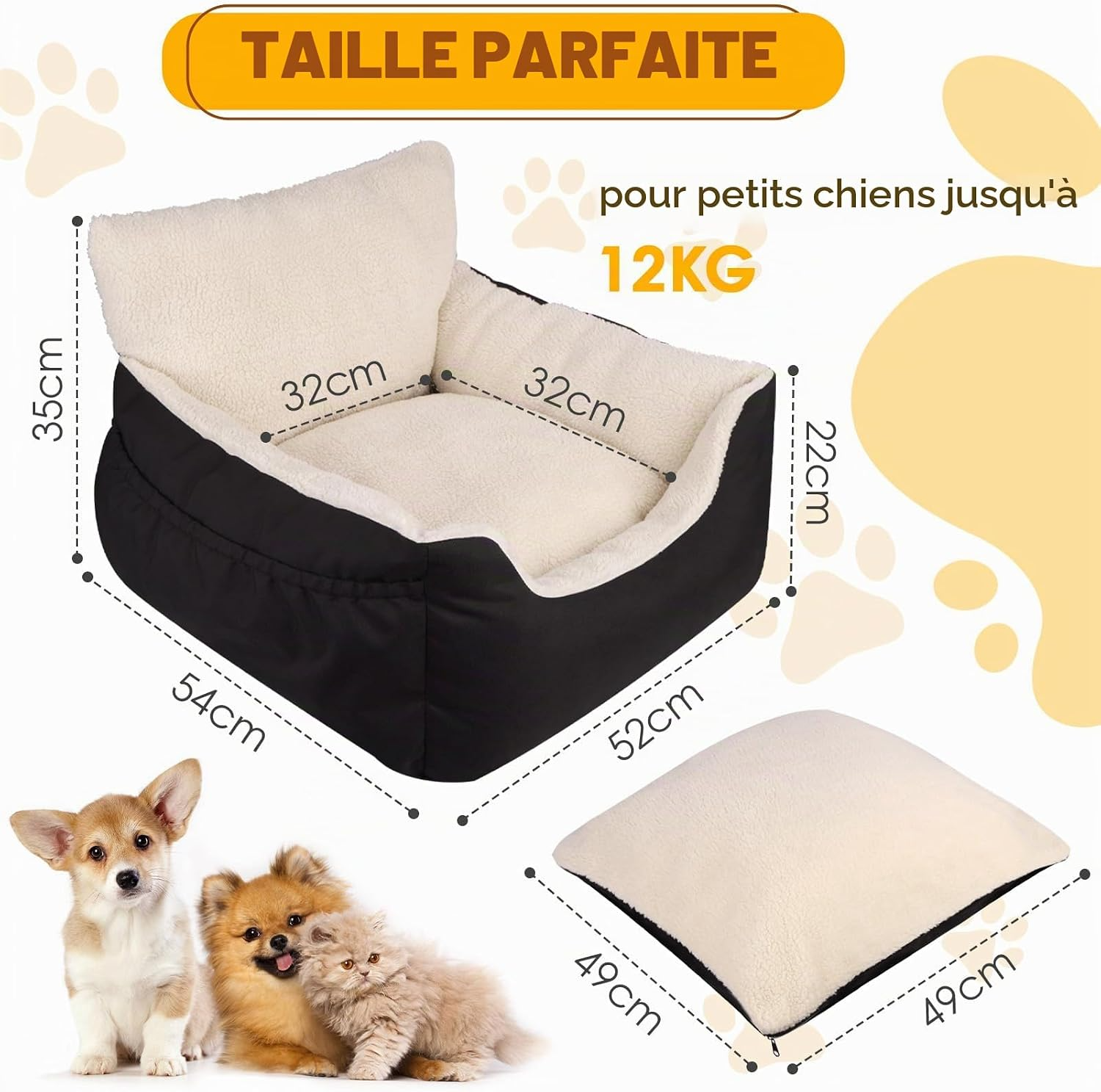 Siège auto confortable pour petits chiens et chats coussin réversible noir
