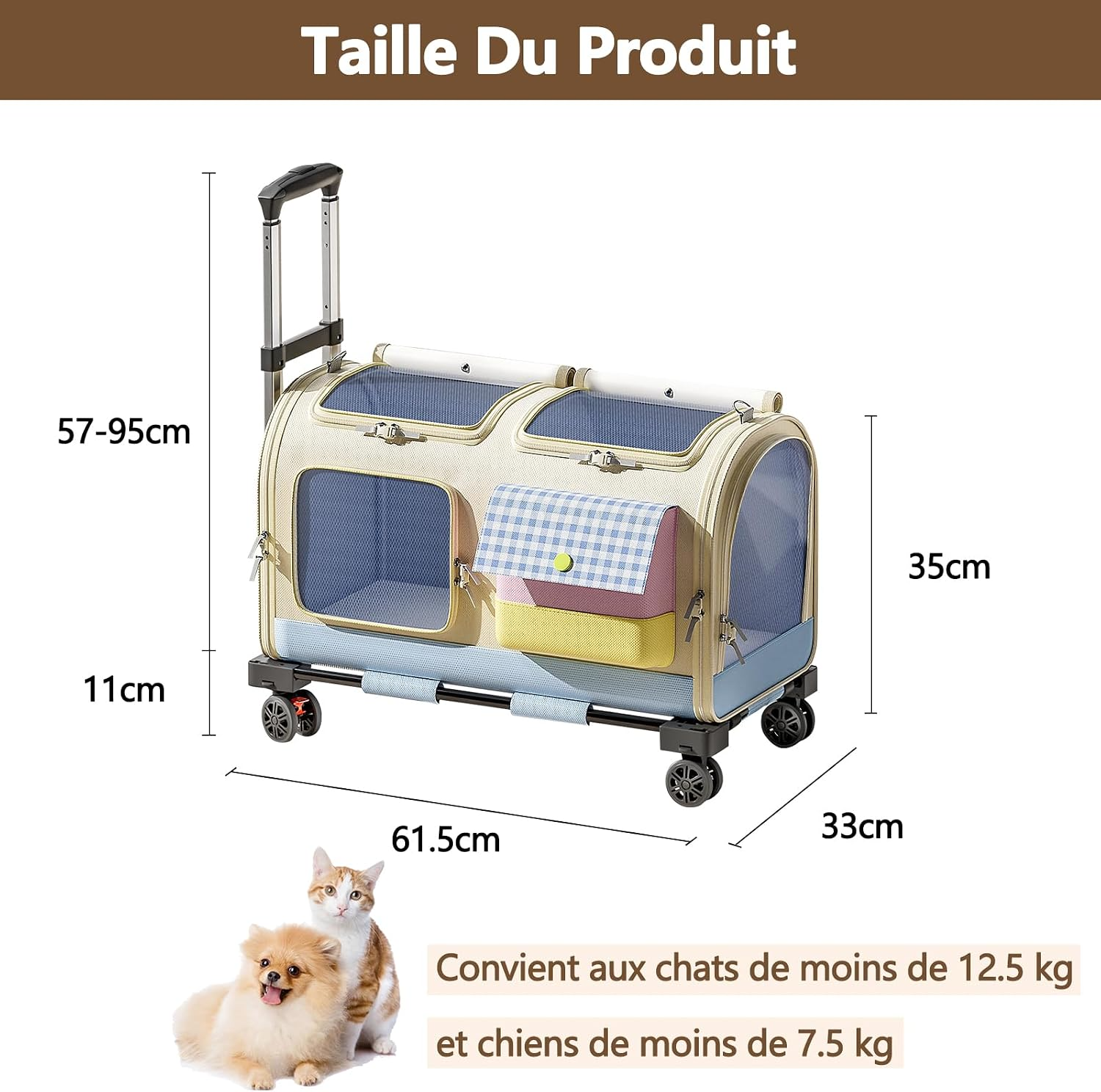 Poussette sac 2 en 1 à roulettes pour chats et chiens pliable bleu