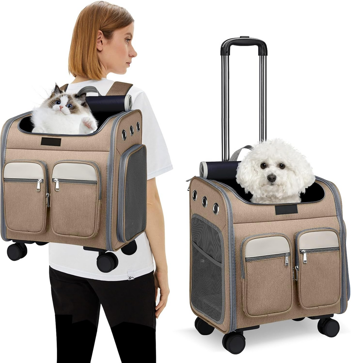 Sac à dos de transport à roulettes pour chiens et chats kaki