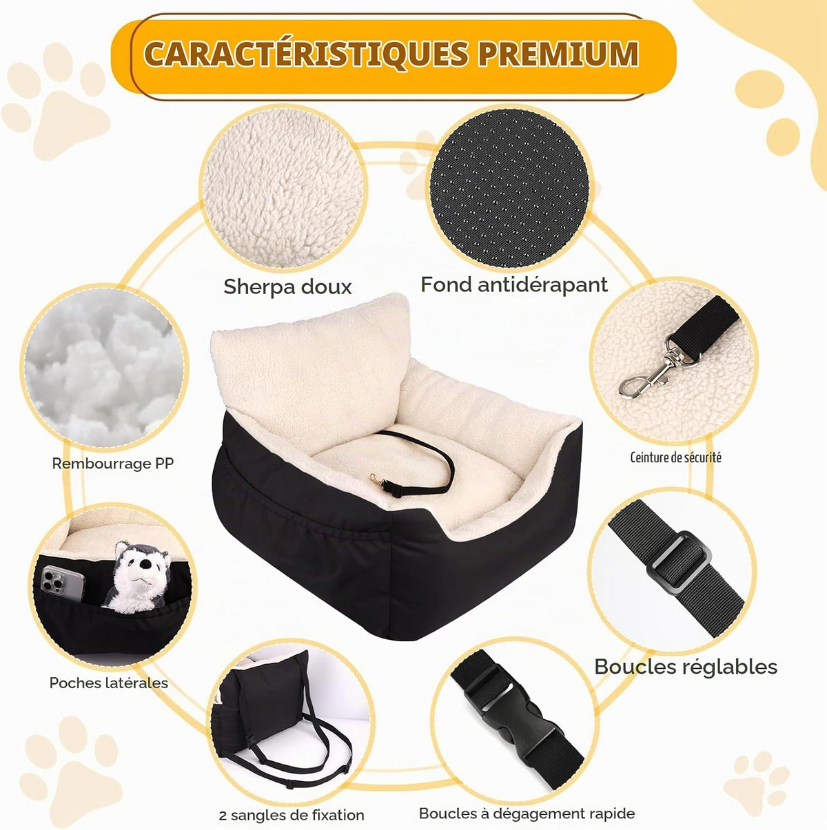 Siège auto confortable pour petits chiens et chats coussin réversible noir