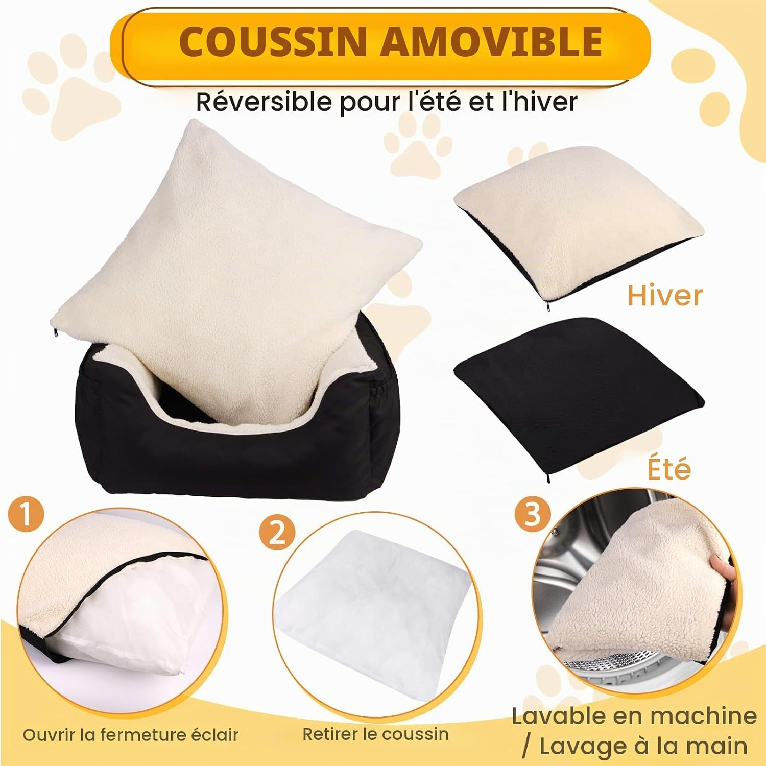 Siège auto confortable pour petits chiens et chats coussin réversible noir