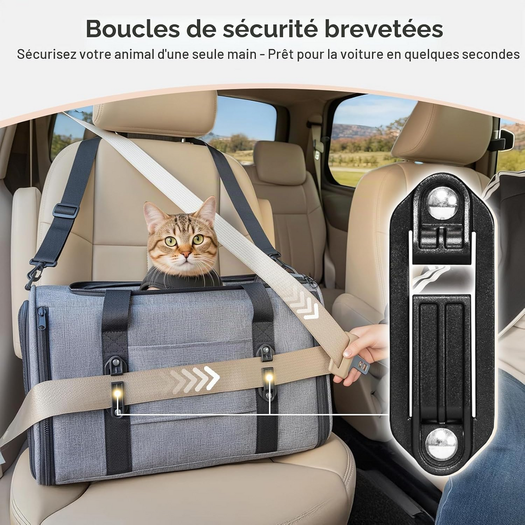 Sac de transport pliable respirant pour chiens et chats avec harnais gris