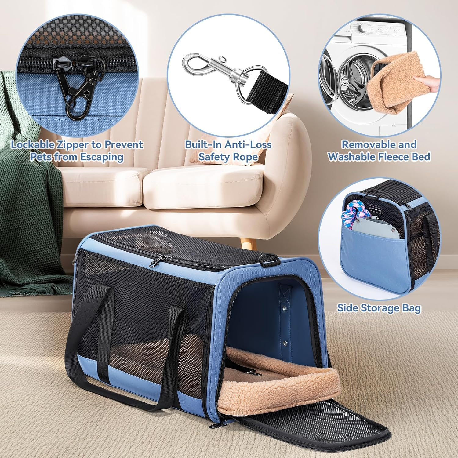 Sac de transport pliable respirant pour chiens et chats avec harnais bleu