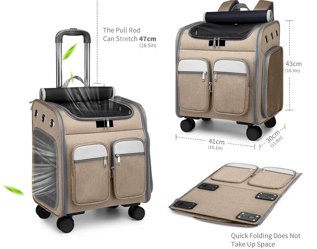 Sac à dos de transport à roulettes pour chiens et chats kaki