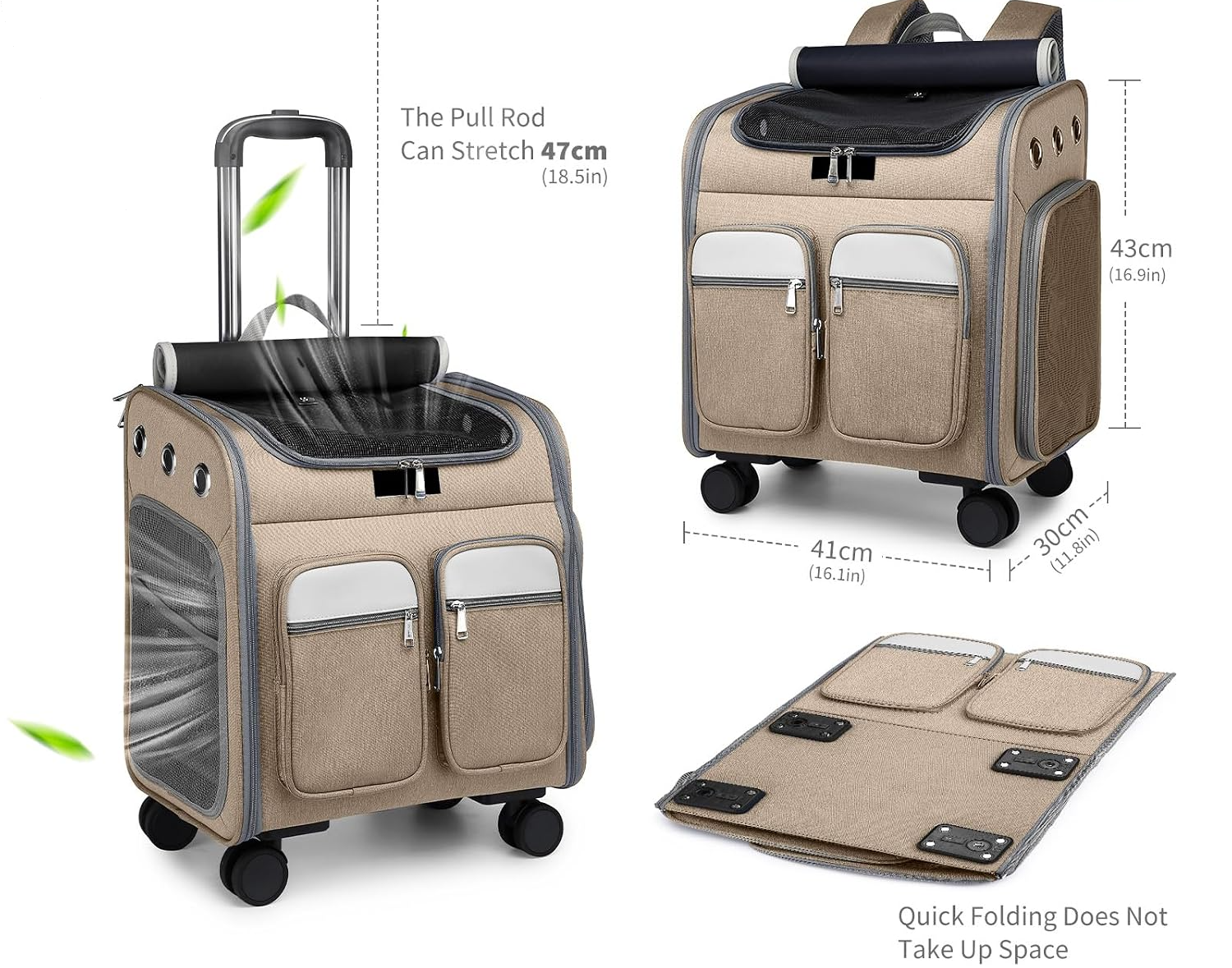 Sac à dos de transport à roulettes pour chiens et chats kaki