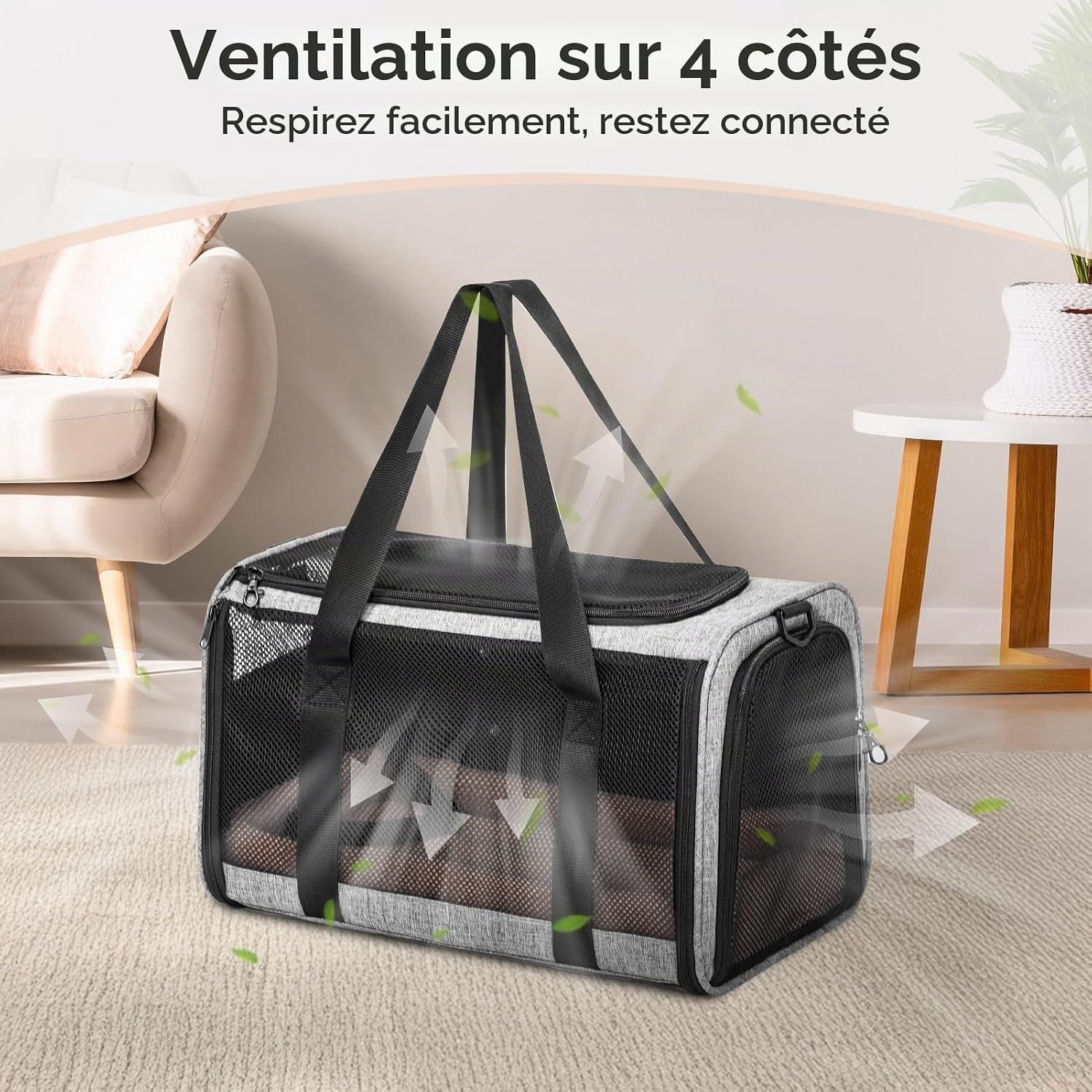 Sac de transport pliable respirant pour chiens et chats avec harnais gris