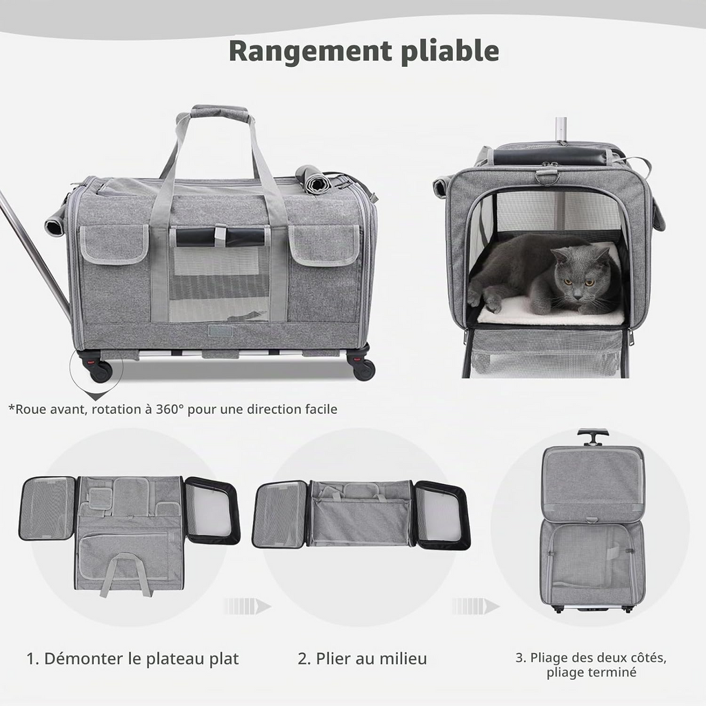 Sac de transport à roulettes approuvé en cabine pour chiens et chats gris