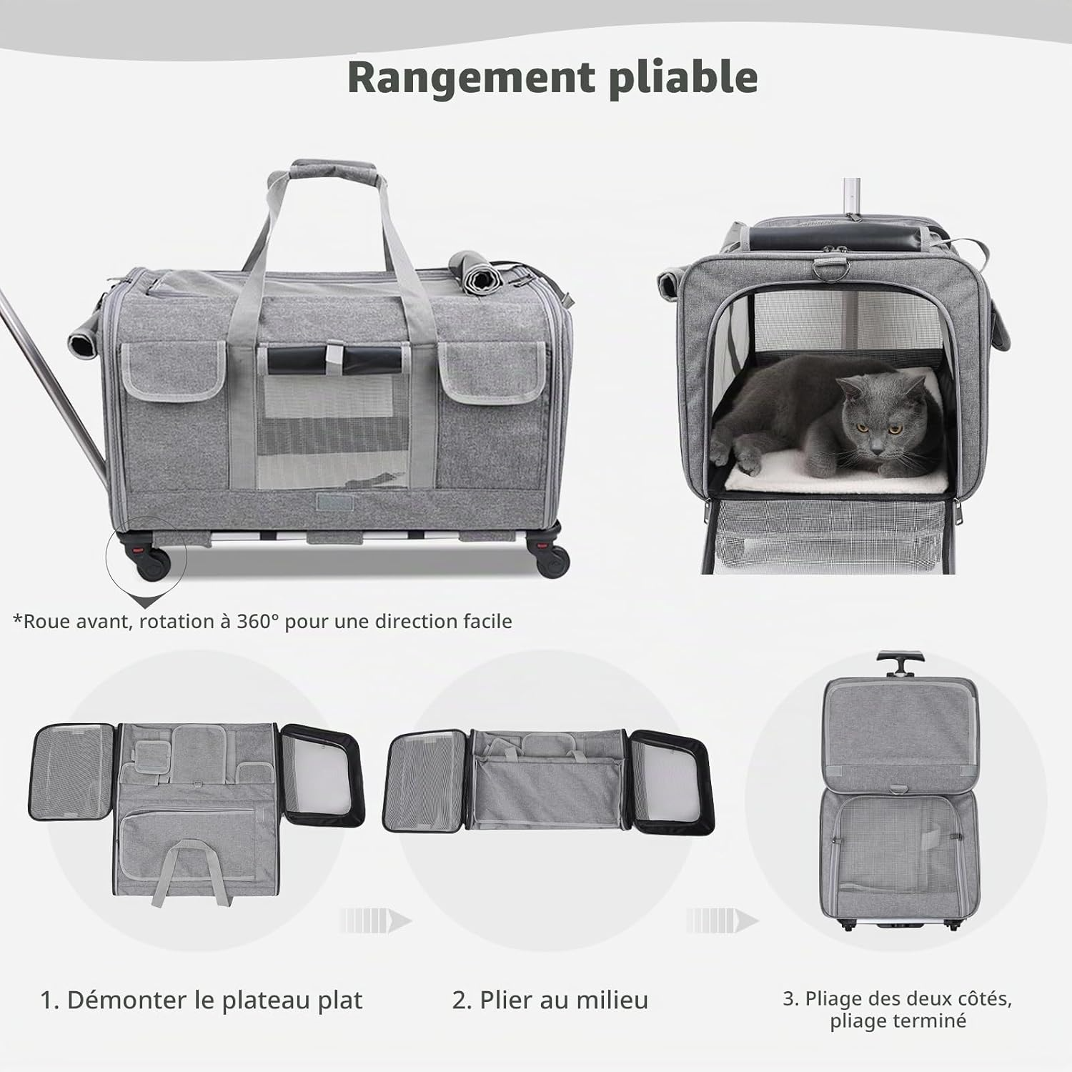 Sac de transport à roulettes approuvé en cabine pour chiens et chats gris