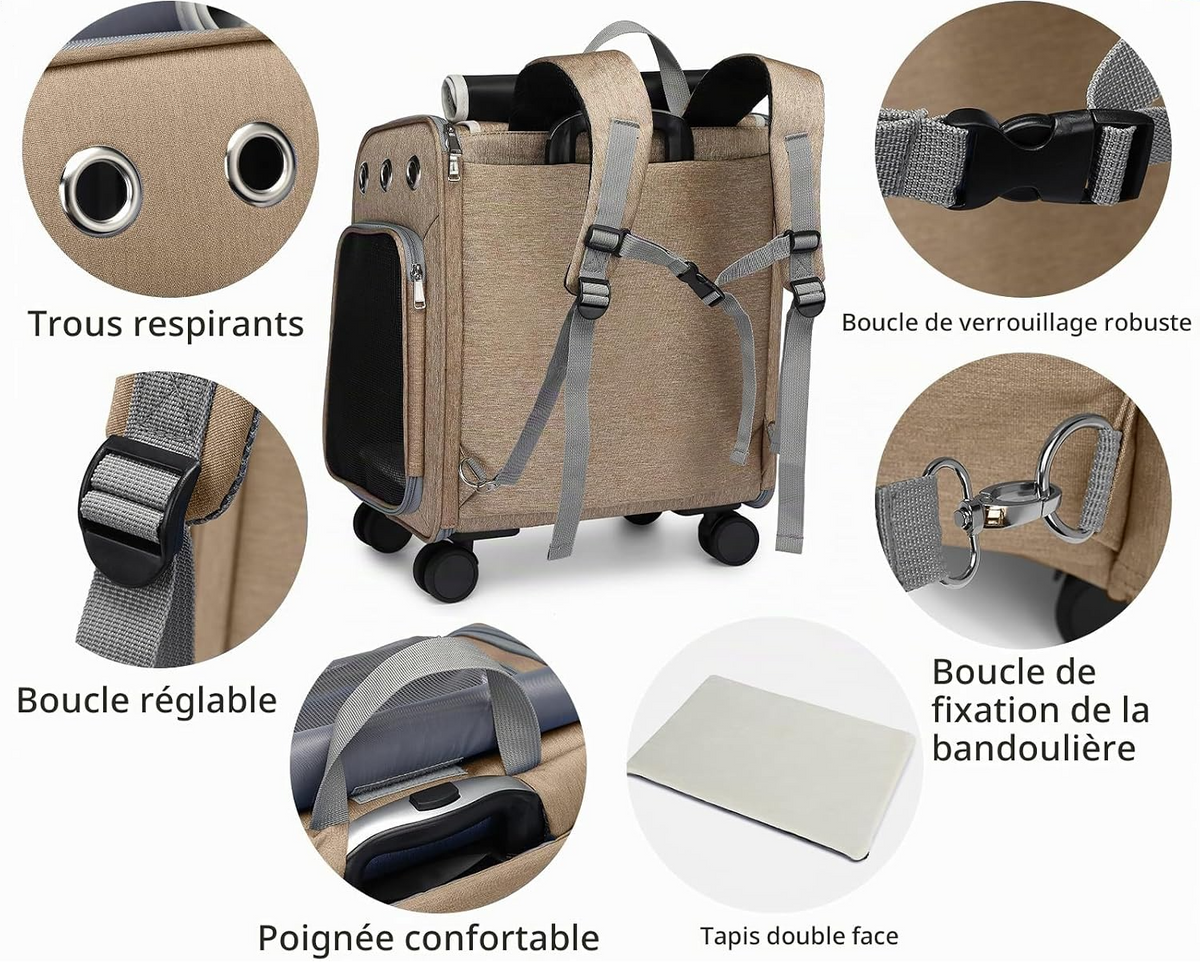 Sac à dos de transport à roulettes pour chiens et chats kaki