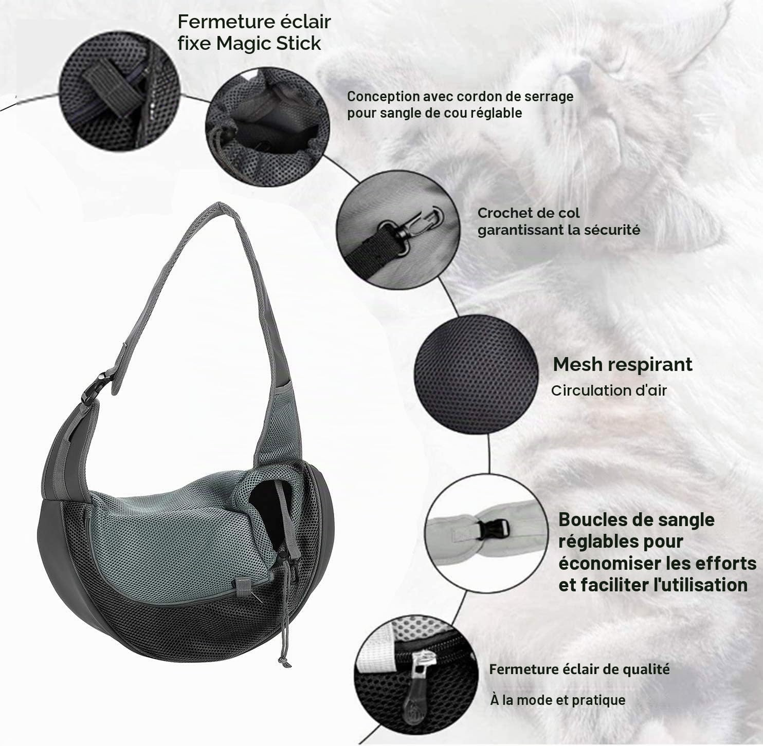 Sac bandoulière respirant en nylon pour chiens et chats gris