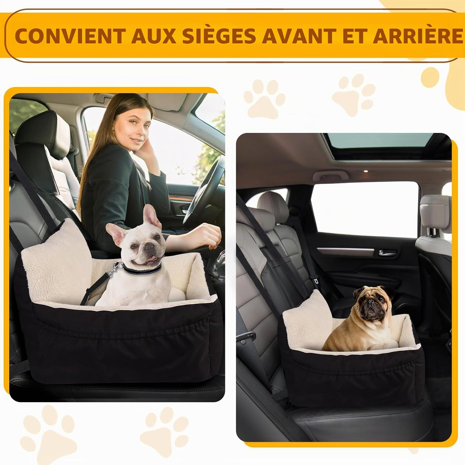 Siège auto confortable pour petits chiens et chats coussin réversible noir
