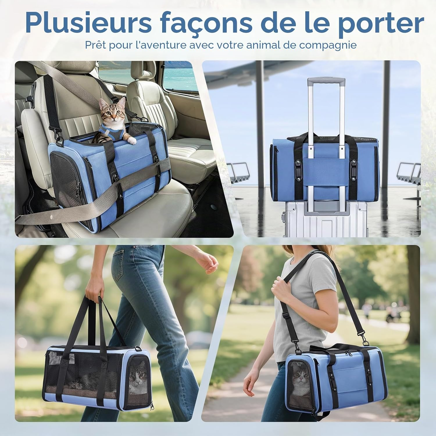 Sac de transport pliable respirant pour chiens et chats avec harnais bleu