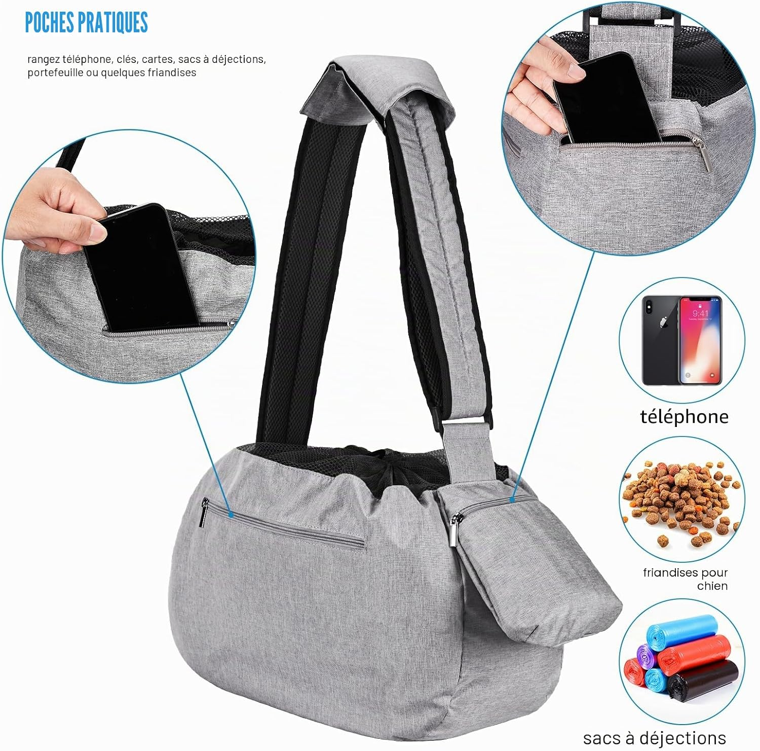 Sac bandoulière pour chiens et chats gris