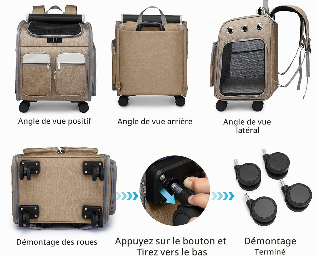 Sac à dos de transport à roulettes pour chiens et chats kaki