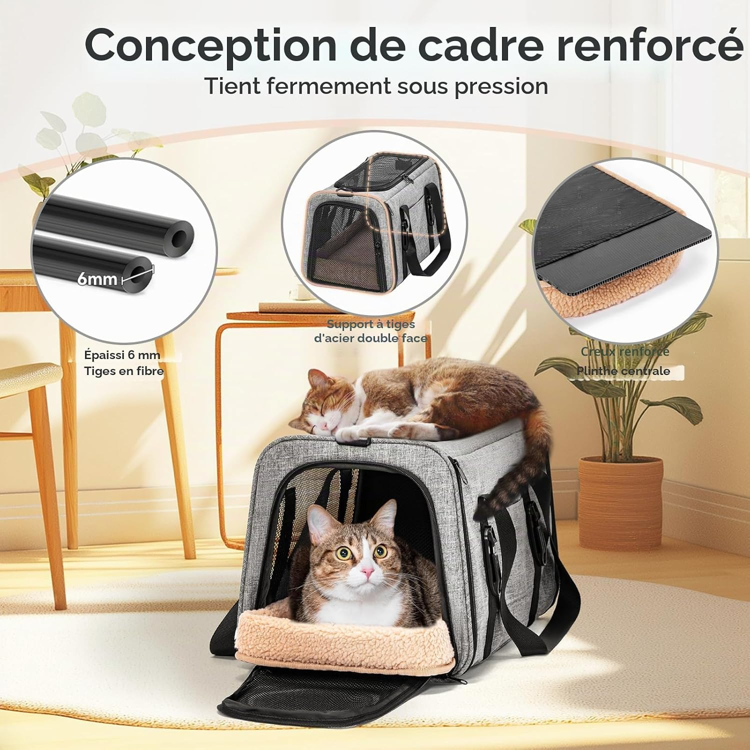 Sac de transport pliable respirant pour chiens et chats avec harnais gris