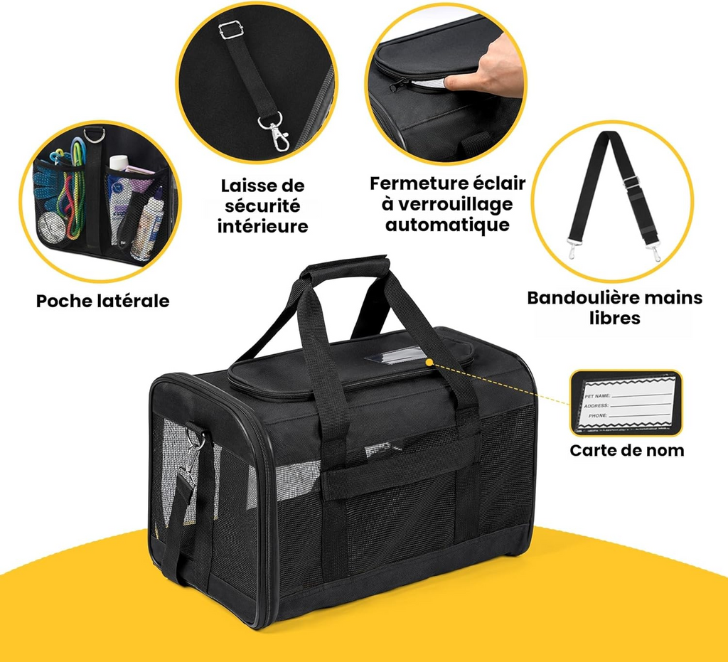 Sac de transport pliable approuvé en cabine pour chats et chiots noir