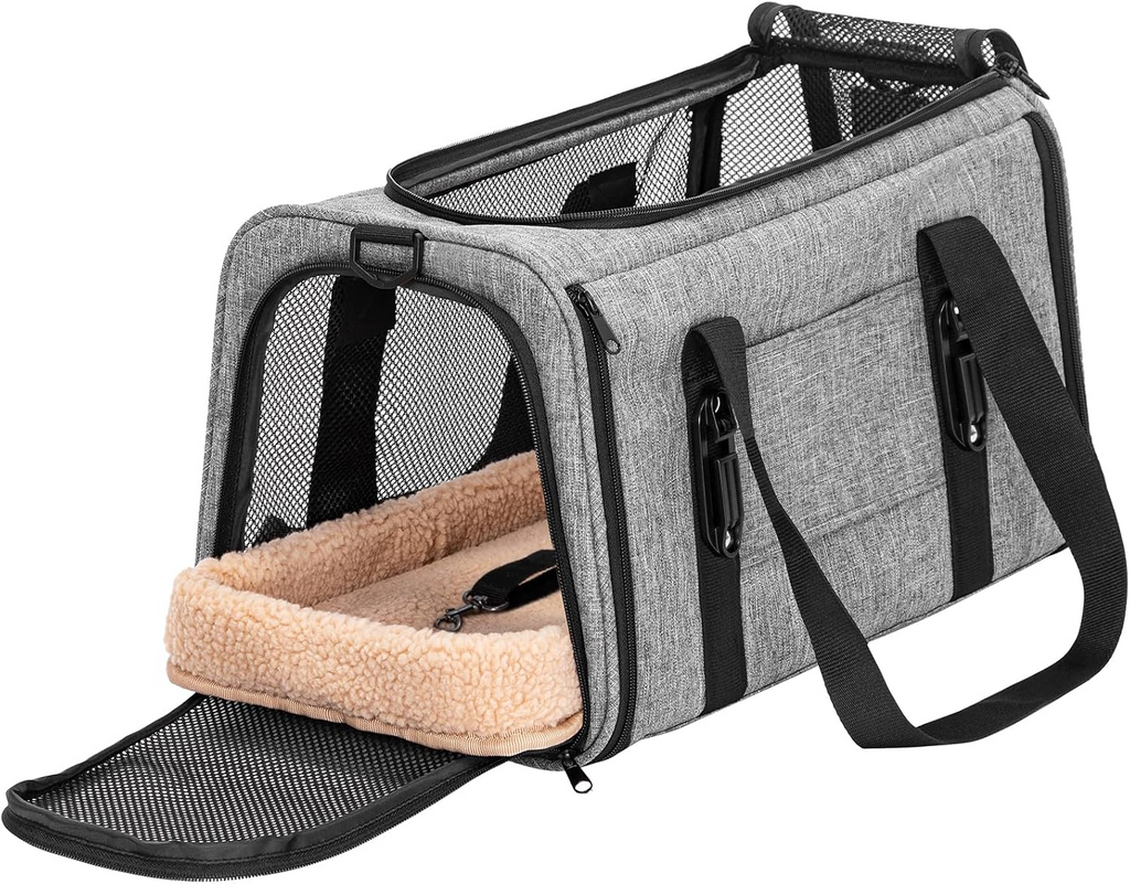 Sac de transport pliable respirant pour chiens et chats avec harnais gris