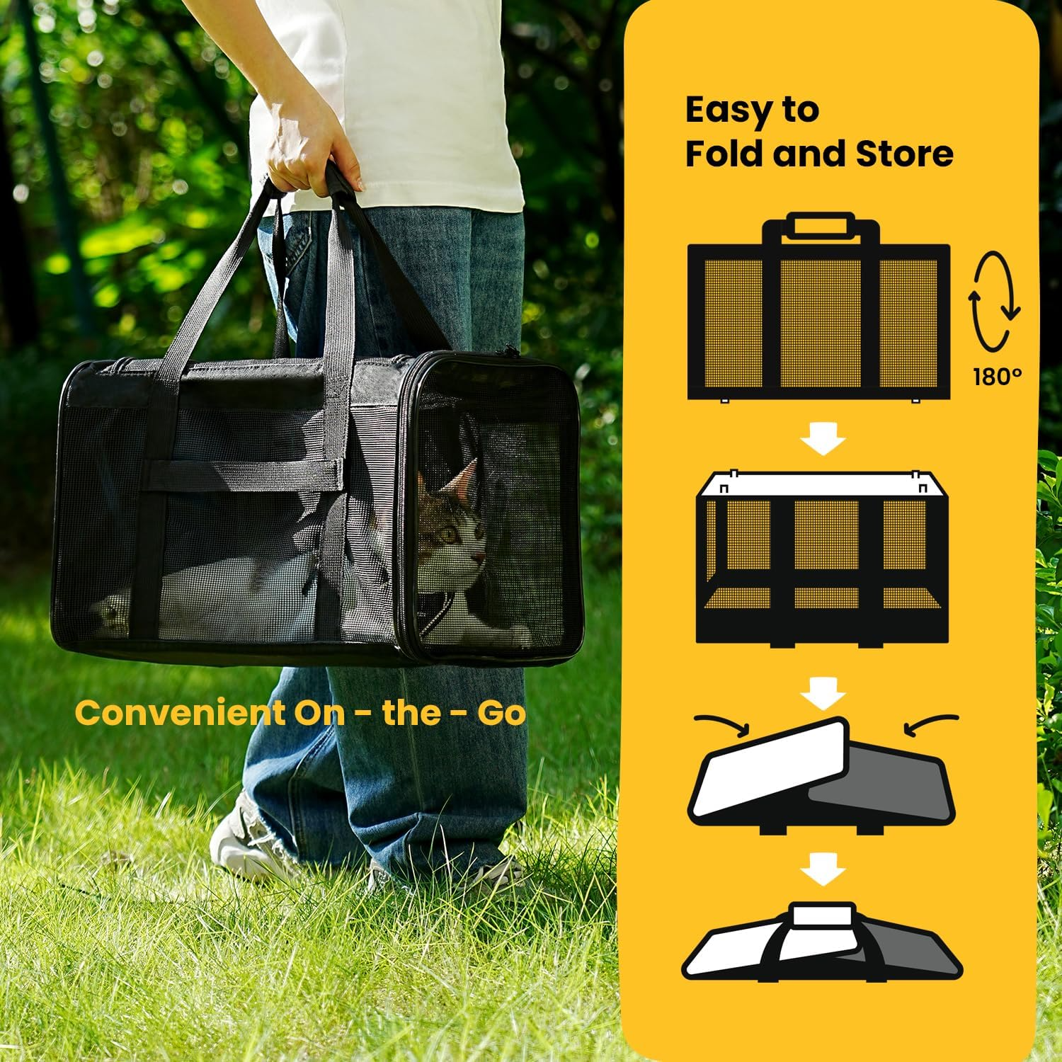 Sac de transport pliable approuvé en cabine pour chats et chiens noir