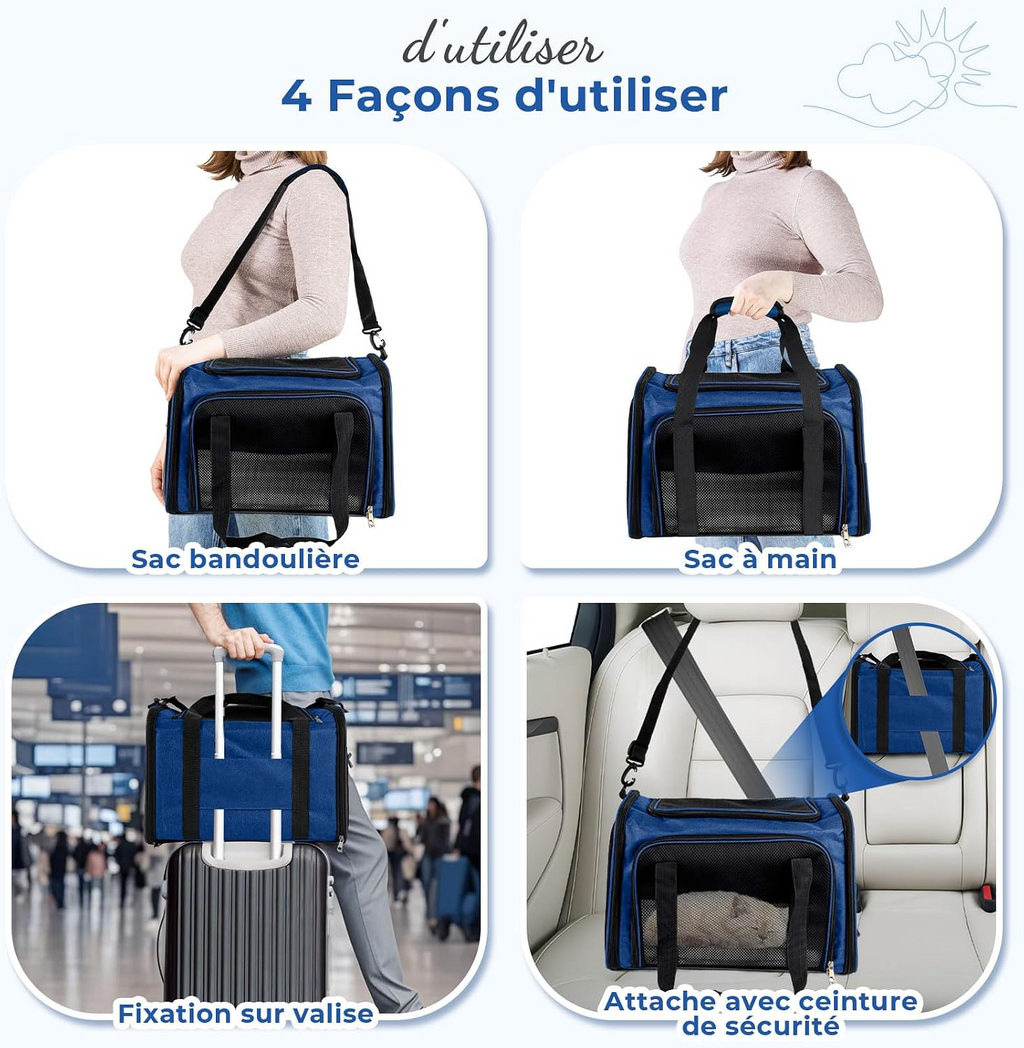 Sac de transport pliable respirant pour chats et chiens bleu marine