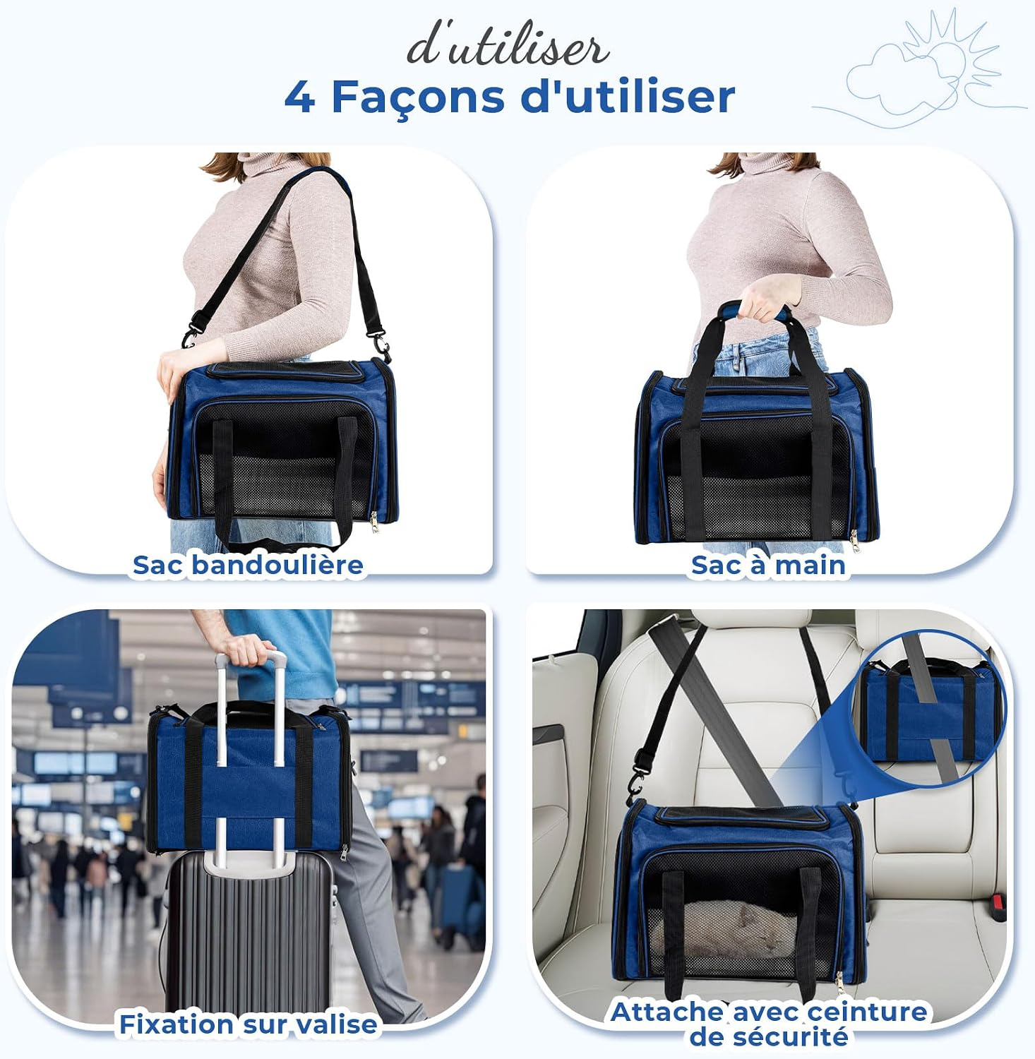Sac de transport pliable respirant pour chats et chiens bleu marine