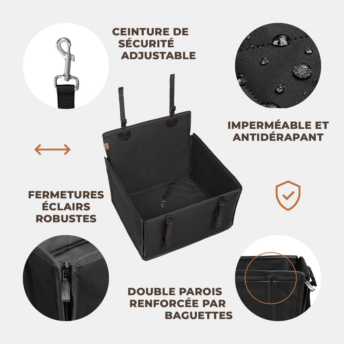 Siège auto renfocé pour chiens jusqu'à 18 kg noir