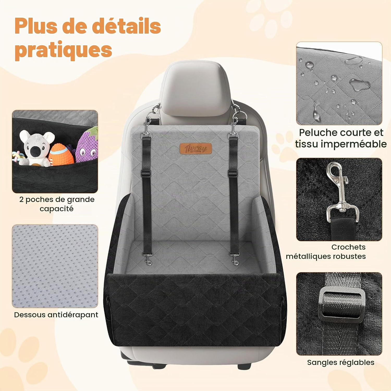 Siège auto surel evé pour chiens jusqu'à 16 kg noir et gris