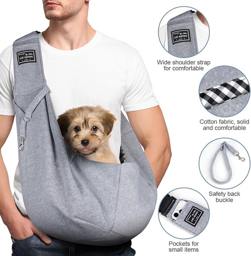 Sac bandoulière en coton pour chiens et chats jusqu'à 7,5 kg gris