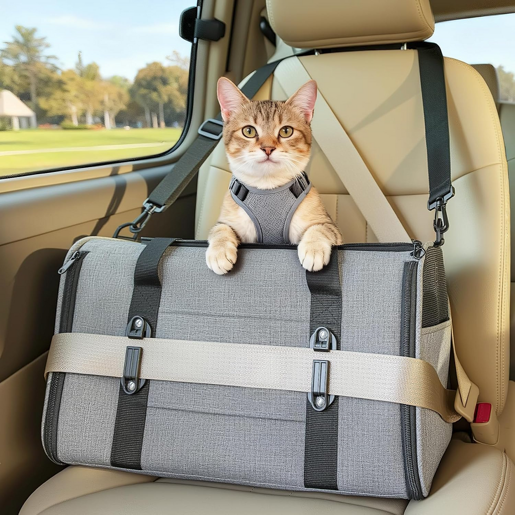 Sac de transport pliable respirant pour chiens et chats avec harnais gris