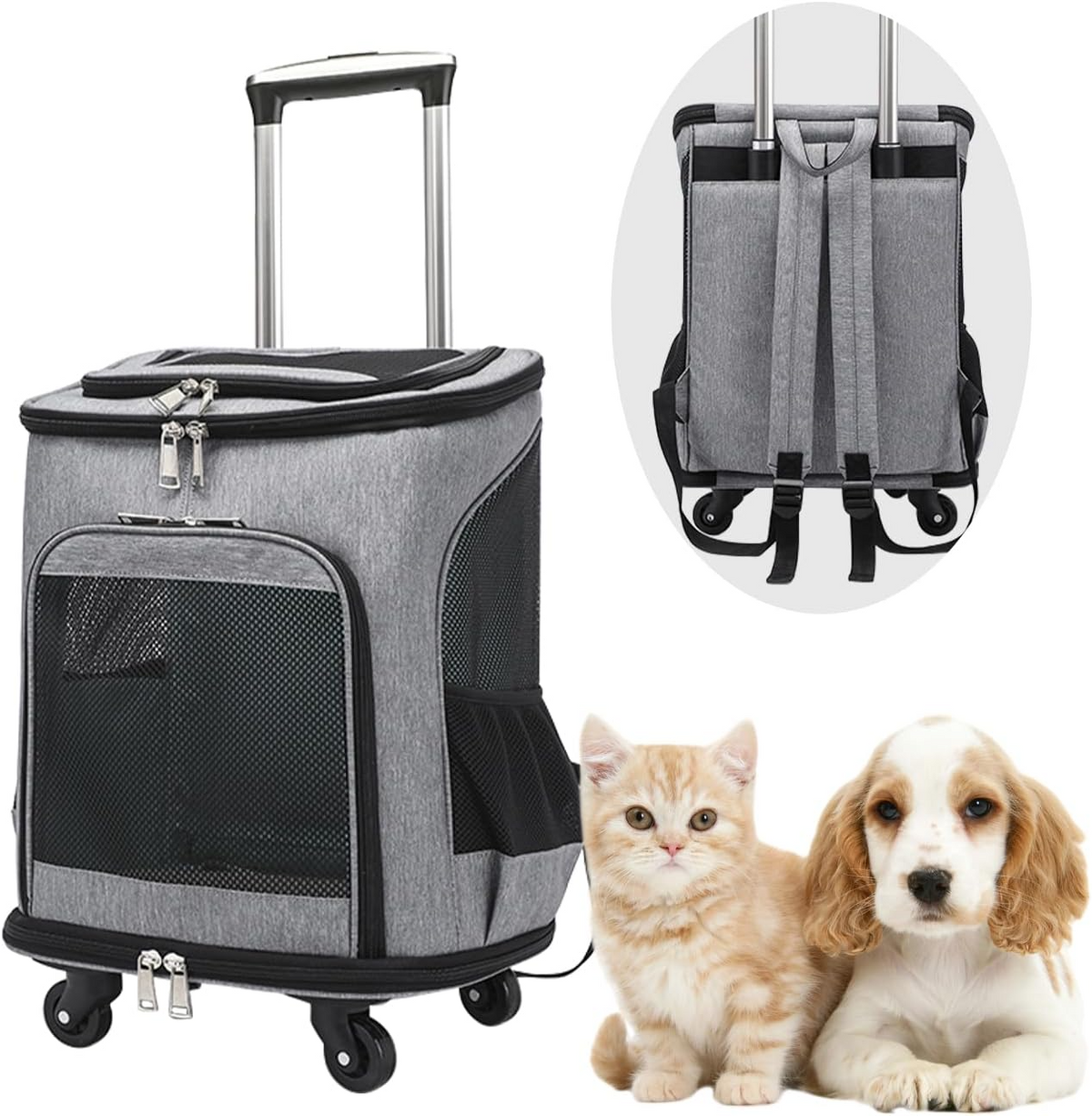 Sac à dos à roulettes pour chiens et chats jusqu'à 10 kg gris