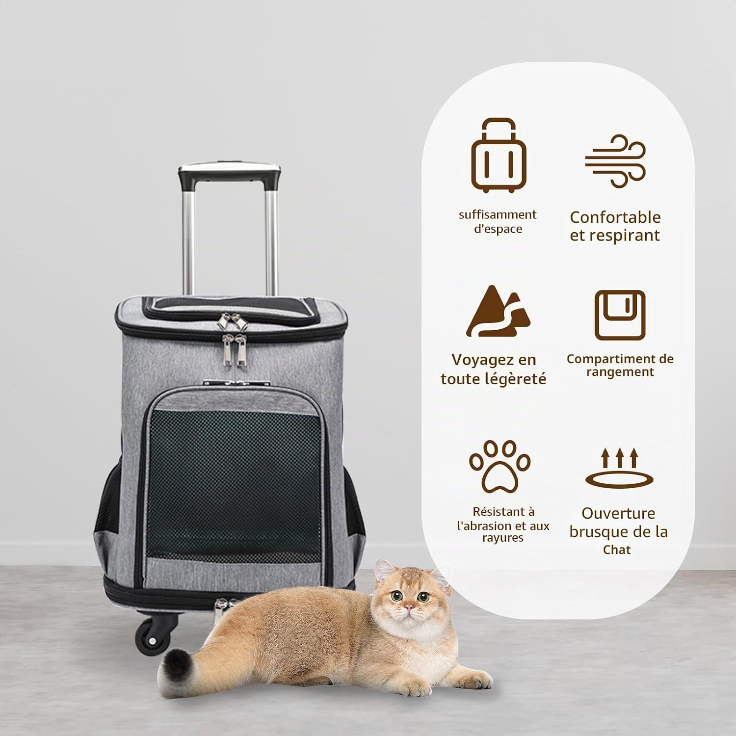 Sac à dos à roulettes pour chiens et chats jusqu'à 10 kg gris