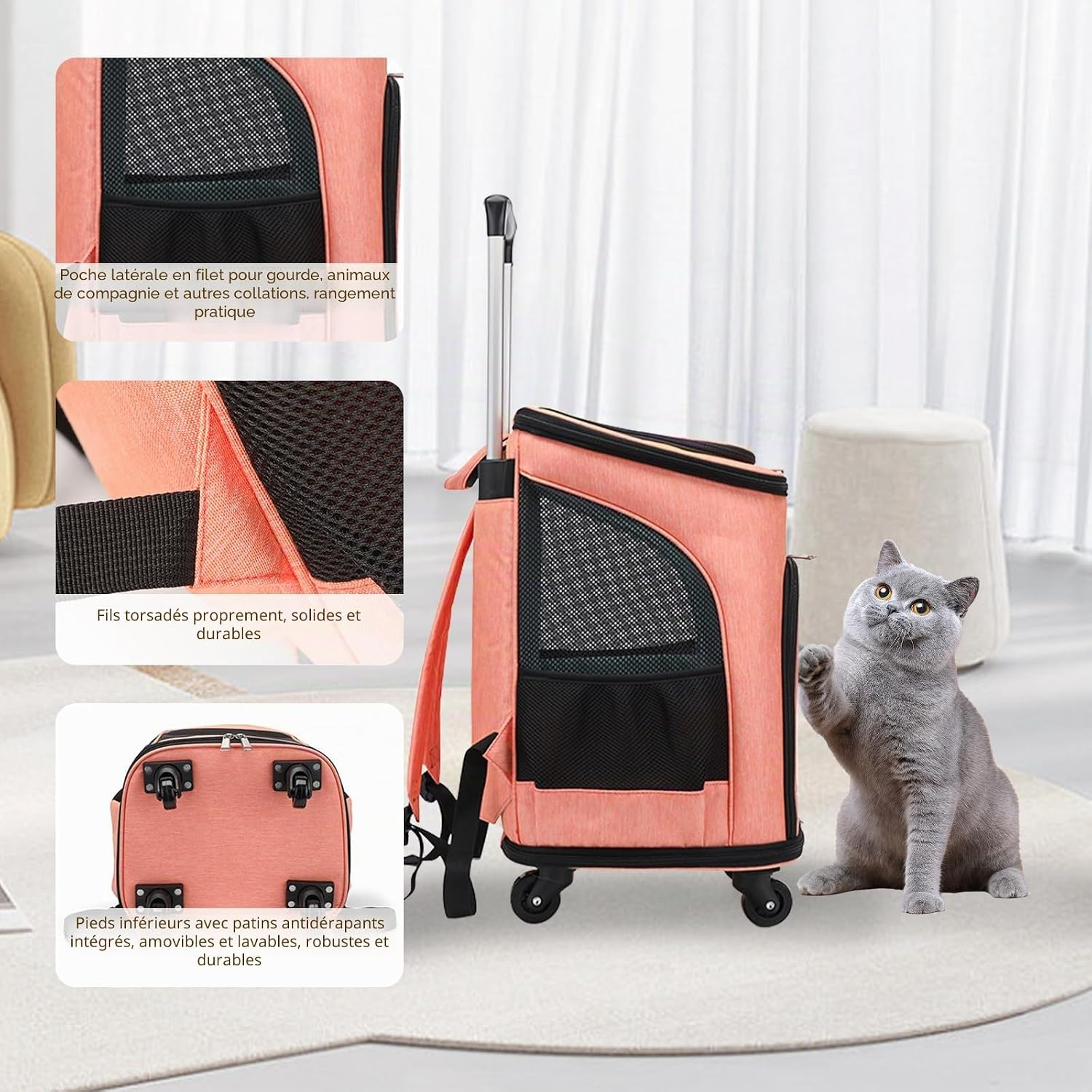 Sac à dos à roulettes pour chiens et chats jusqu'à 10 kg orange