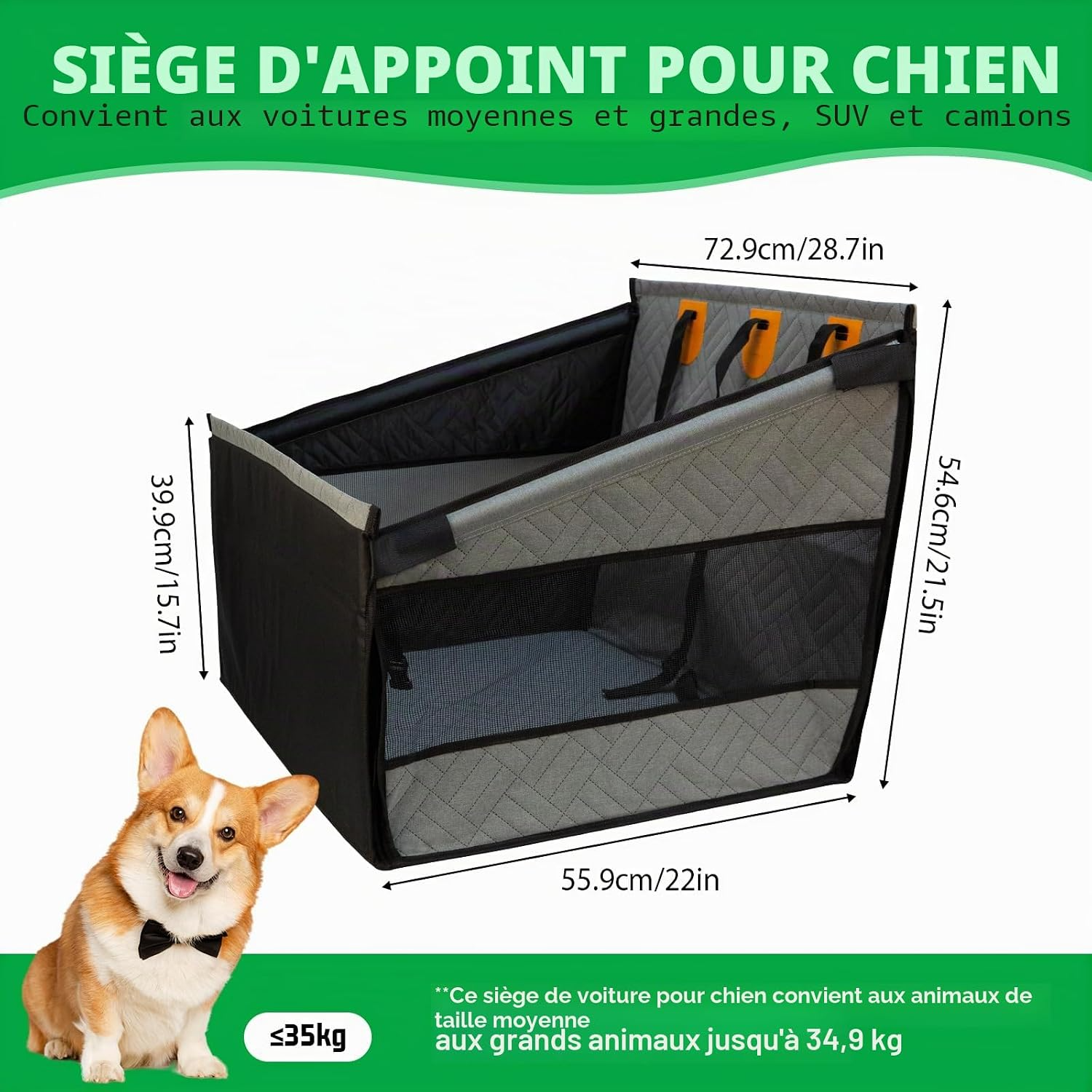 Siège auto renfocé pour chiens moyens et grands antidérapant gris