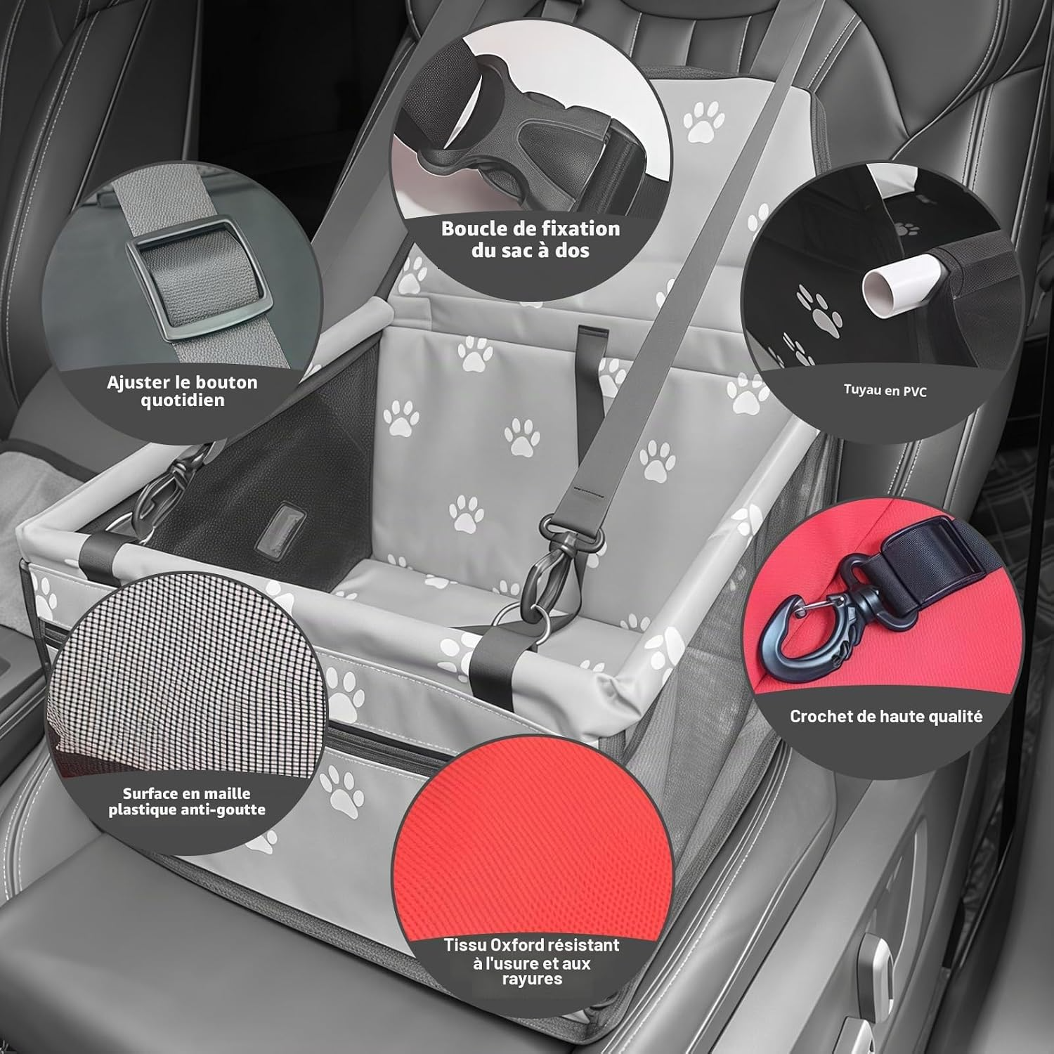 Siège auto imperméable respirant pour chiens chats et petits animaux gris